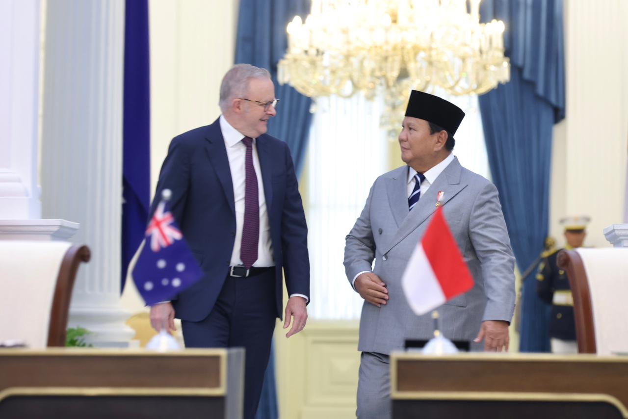 Presiden Prabowo menerima Perdana Menteri Australia Anthony Albanese dalam Joint Press Statement di Istana Merdeka, Jakarta, Jumat (6/2)./ ist