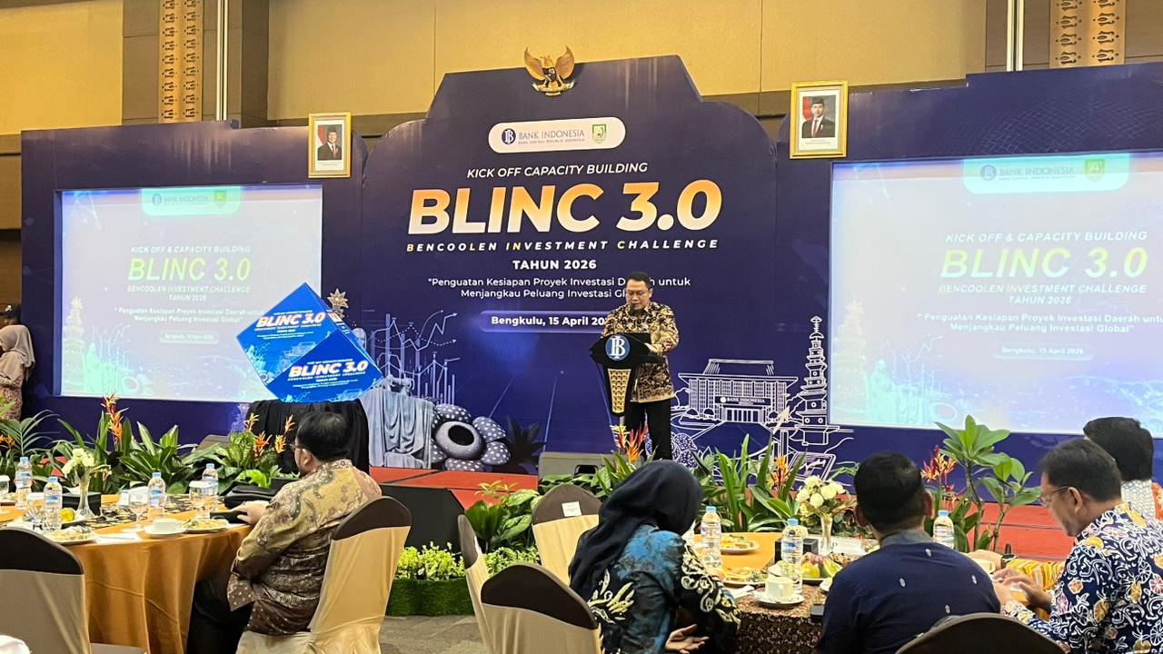 Kepala Perwakilan Bank Indonesia Provinsi Bengkulu, Wahyu Yuwana Hidayat, memberikan paparan mengenai urgensi pengemasan potensi daerah menjadi proyek investasi yang matang (Ready to Offer) dalam acara BLINC 3.0, Rabu (15/4)./ist